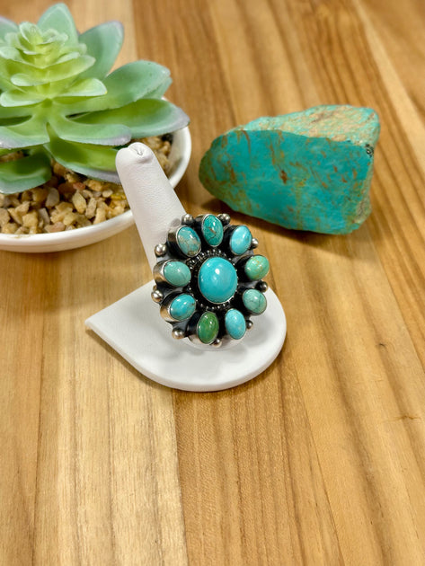 Kingman Turquoise Floral Cluster Sterling Silver Ring – Turquoise Texas
