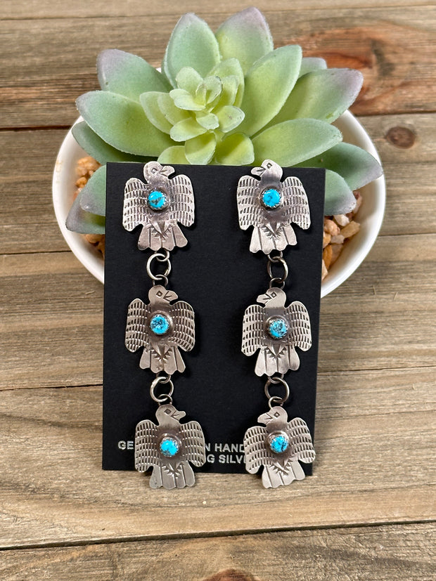Kingman Turquoise and Three Silver Thunderbird Dangle Earrings