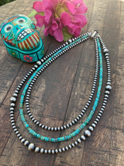 Navajo Style Beads and Kingman Turquoise 3 Strand Necklace