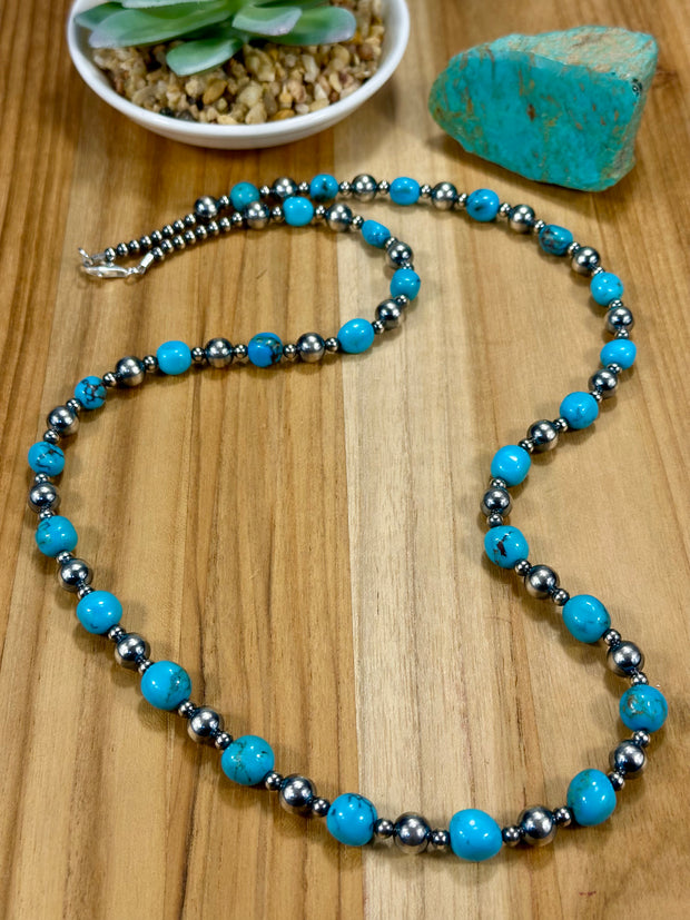 Sterling Silver Pearl & Turquoise Bead Necklace
