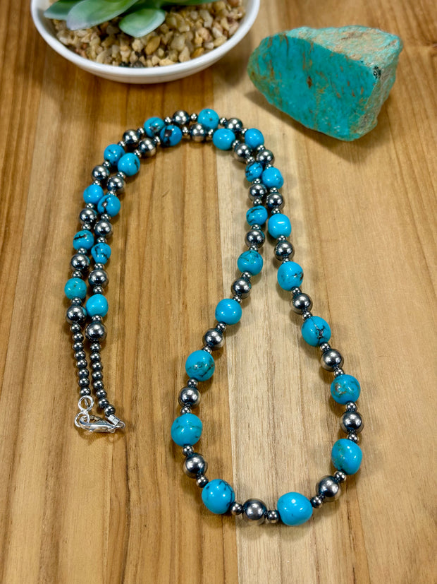Sterling Silver Pearl & Turquoise Bead Necklace