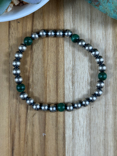 Malachite  and "Navajo Style" Pearl  Stretch Bracelet