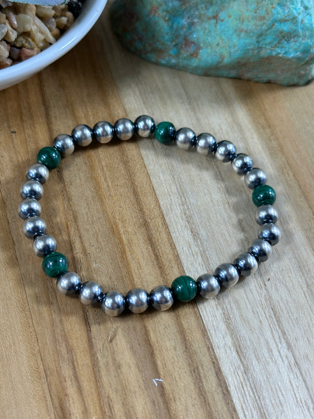 Malachite  and "Navajo Style" Pearl  Stretch Bracelet