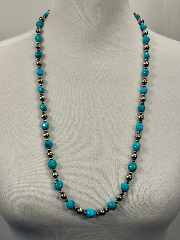 Sterling Silver Pearl & Turquoise Bead Necklace