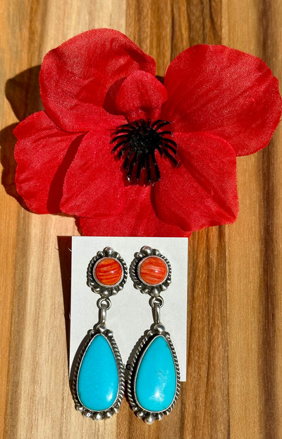 Red Spiny and Turquoise Double Earrings
