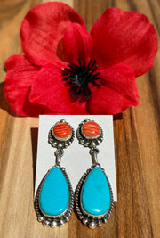 Red Spiny and Turquoise Double Earrings