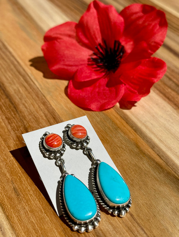 Red Spiny and Turquoise Double Earrings
