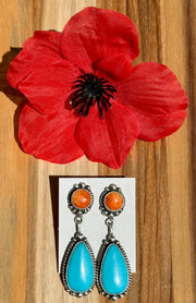 Orange Spiny and Turquoise Double Earrings
