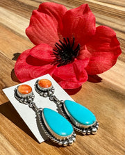 Orange Spiny and Turquoise Double Earrings