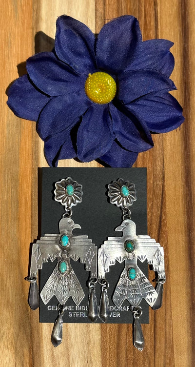 Kingman Turquoise and Silver Thunderbird Earrings