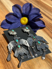 Kingman Turquoise and Silver Thunderbird Earrings