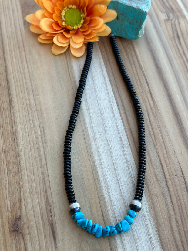 20" Shiny Onyx Beads and Turquoise Necklace