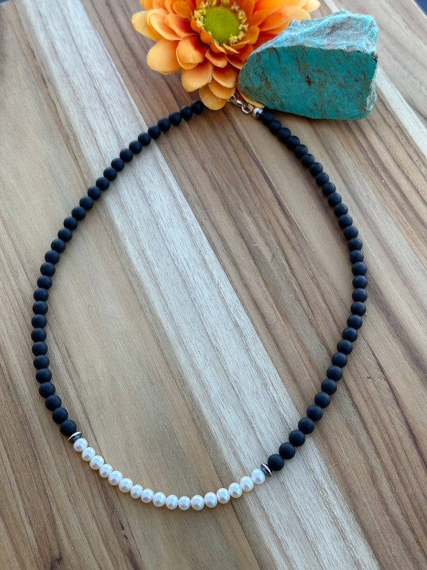 20" Matte Onyx Beads and Freshwater Pearls Necklace
