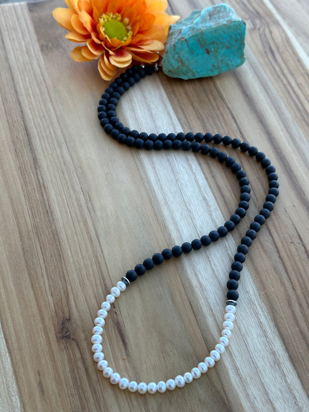 24" Matte Onyx Beads and Freshwater Pearls Necklace