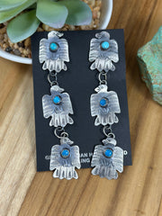 Kingman Turquoise Three Silver Thunderbird Dangle Earrings