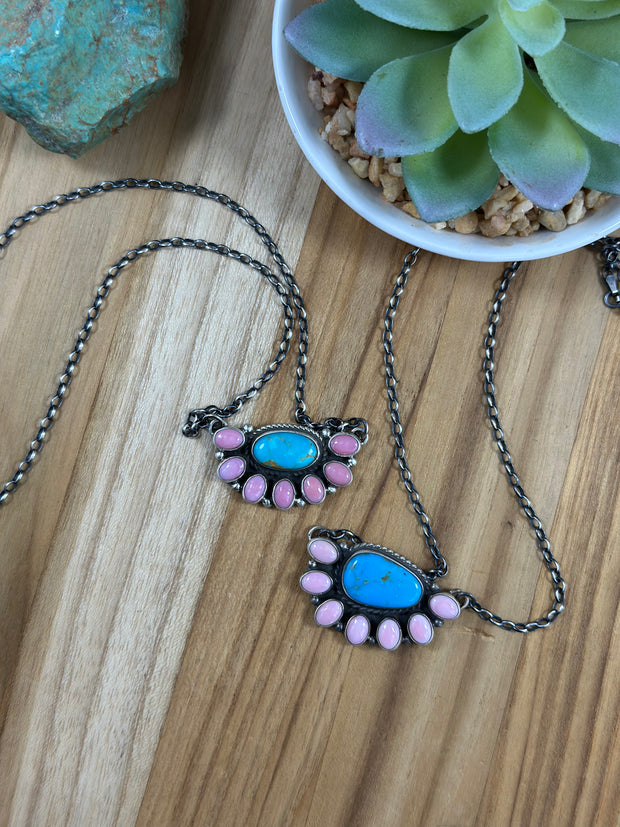 Kingman & Pink Conch Half Cluster Necklace
