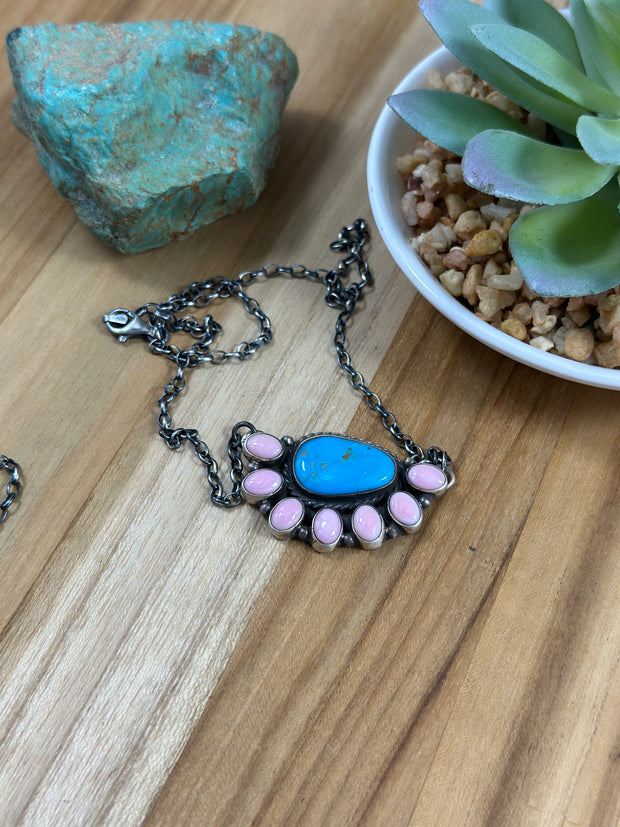 Kingman & Pink Conch Half Cluster Necklace