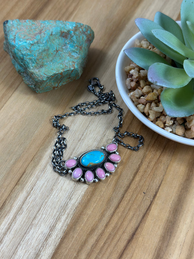 Kingman & Pink Conch Half Cluster Necklace
