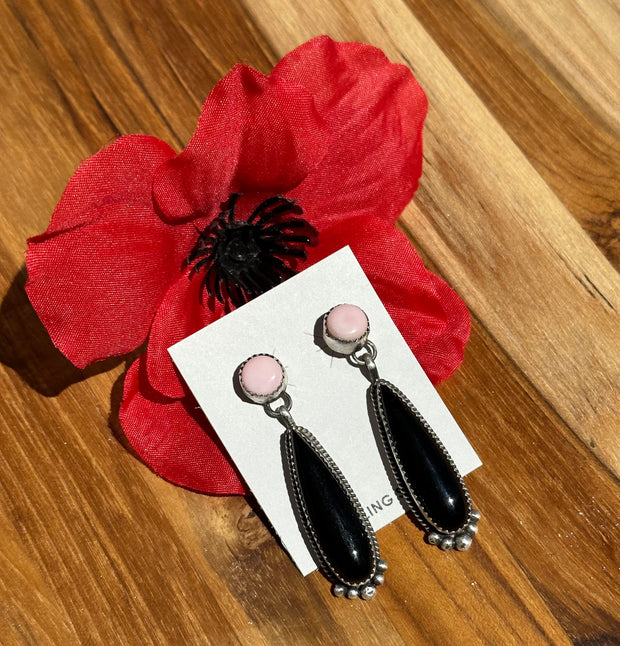 Pink Conch and Black Onyx Earrings