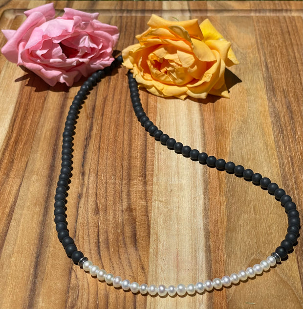 24 inch Matte Onyx Beads and Freshwater Pearls Necklace