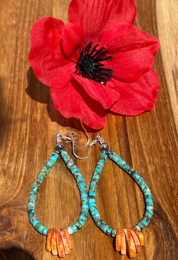 Kingman Turquoise and Orange Spiny Dangle Earrings