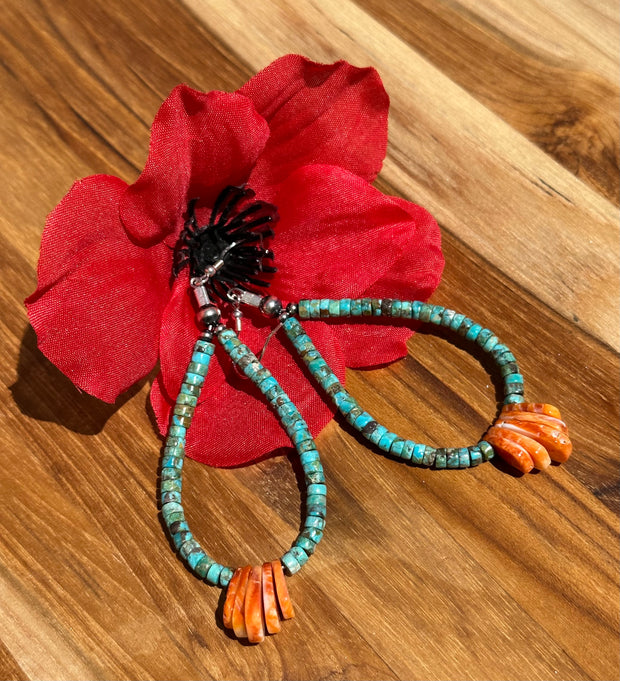 Kingman Turquoise and Orange Spiny Dangle Earrings