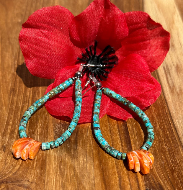 Kingman Turquoise and Orange Spiny Dangle Earrings