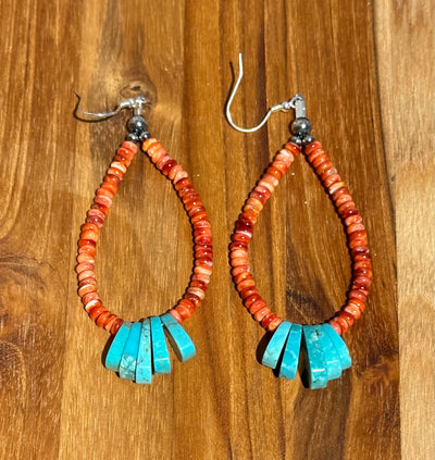 Red Spiny and Kingman Turquoise Dangle Earring