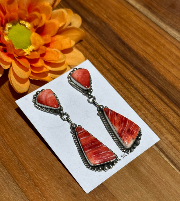 Red Spiny 2 Stone Dangle Earrings