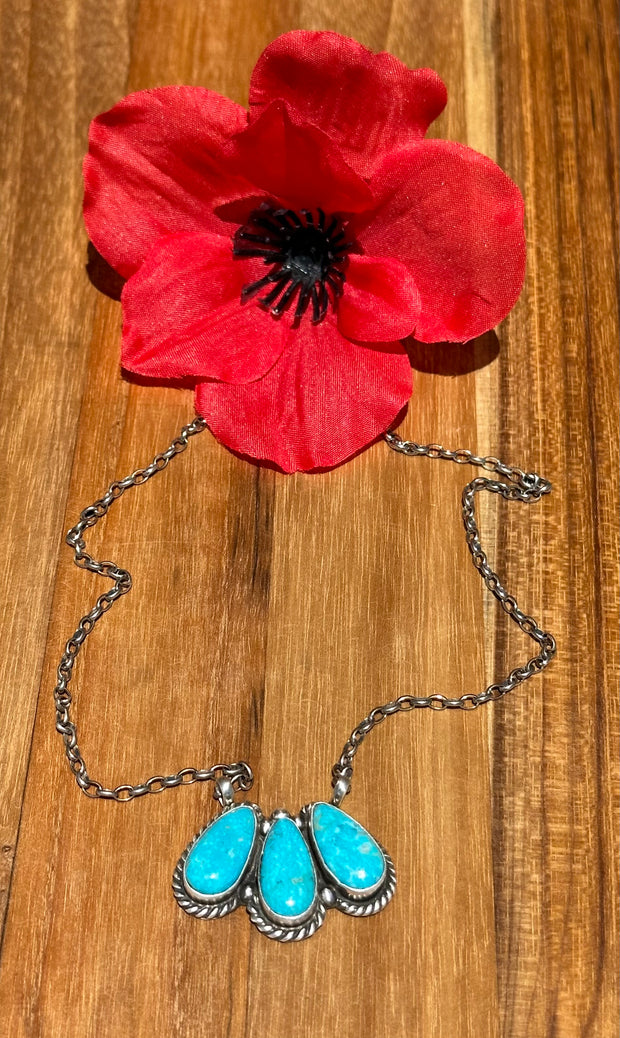 Kingman Turquoise 3 Stone Fixed Pendant Necklace