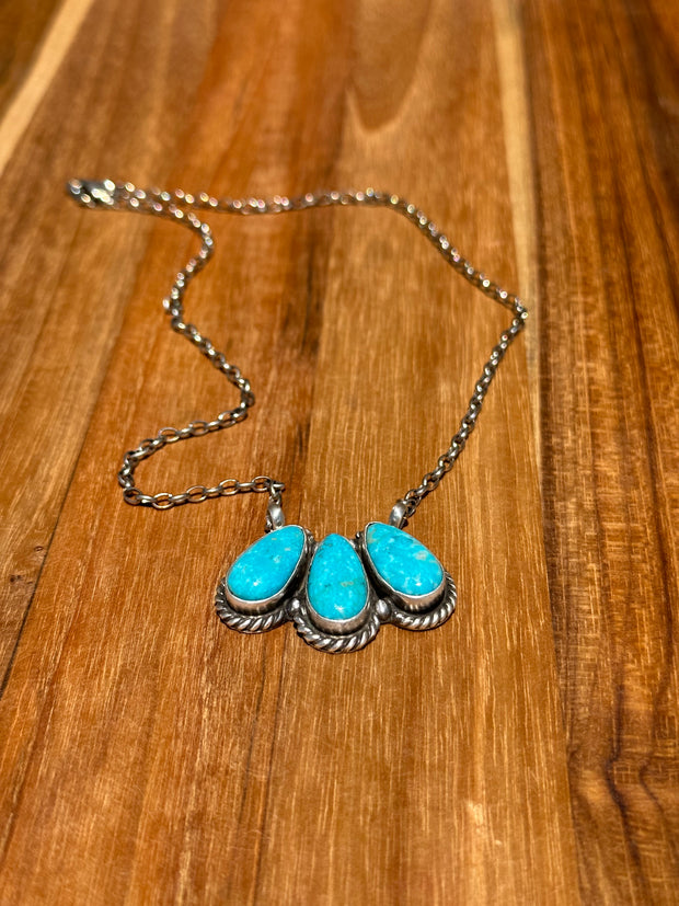 Kingman Turquoise 3 Stone Fixed Pendant Necklace