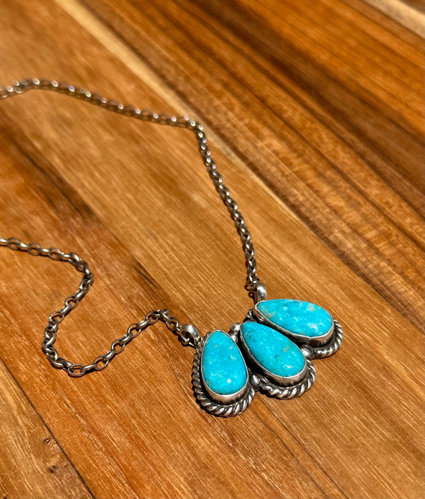 Kingman Turquoise 3 Stone Fixed Pendant Necklace
