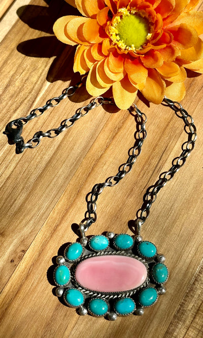Turquoise and Pink Conch Fixed Pendant Necklace