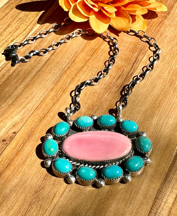 Turquoise and Pink Conch Fixed Pendant Necklace