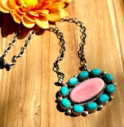 Turquoise and Pink Conch Fixed Pendant Necklace