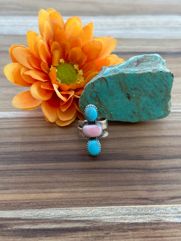 Pink Conch & Turquoise 3 stone ring