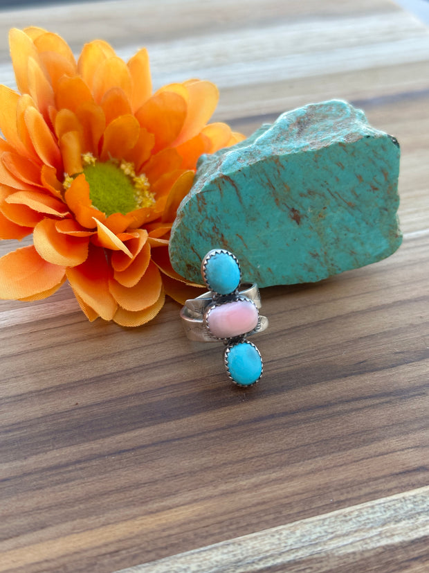 Pink Conch & Turquoise 3 stone ring