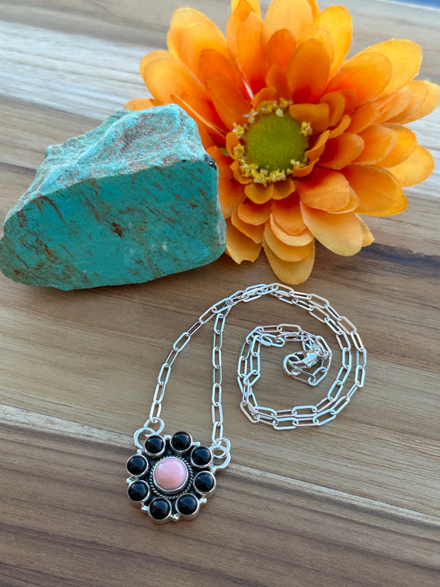 Pink Conch and Onyx Cluster Necklace