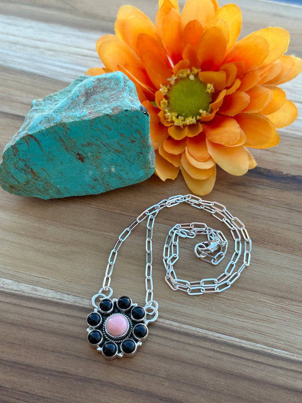 Pink Conch and Onyx Cluster Necklace