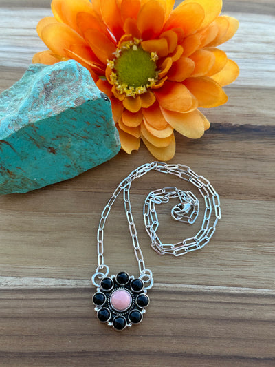 Pink Conch and Onyx Cluster Necklace