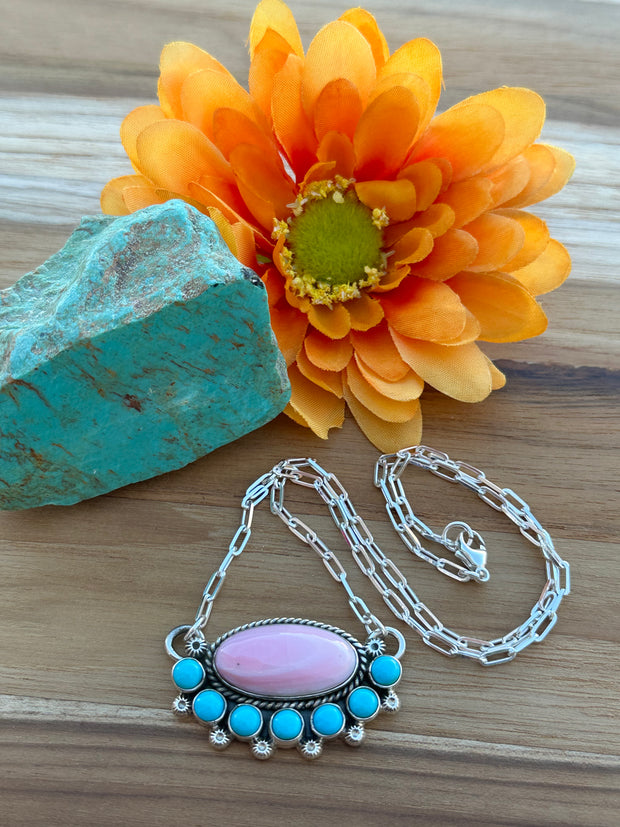 Pink Conch and Turquoise Cluster Necklace