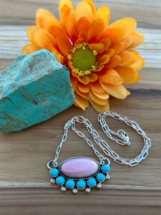Pink Conch and Turquoise Cluster Necklace