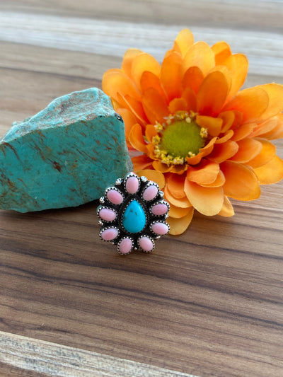 Pink Conch and Turquoise Cluster Ring
