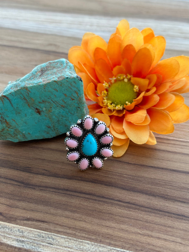 Pink Conch and Turquoise Cluster Ring