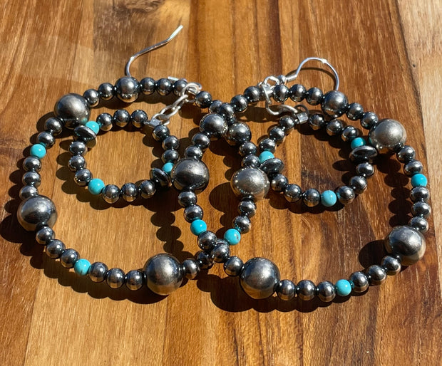 Navajo Style Beads and Turquoise Double Hoop Earrings