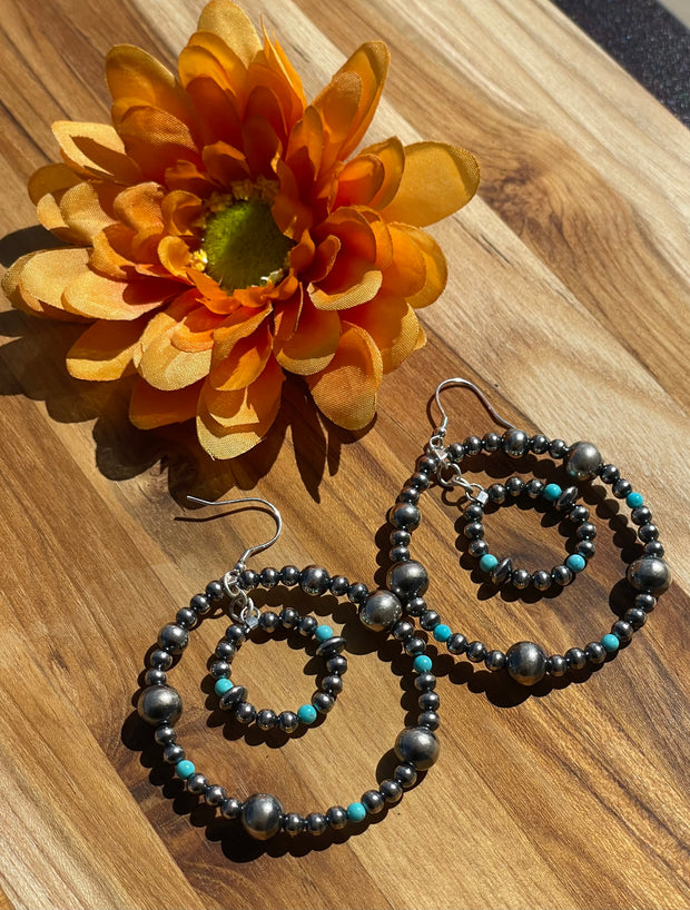 Navajo Style Beads and Turquoise Double Hoop Earrings