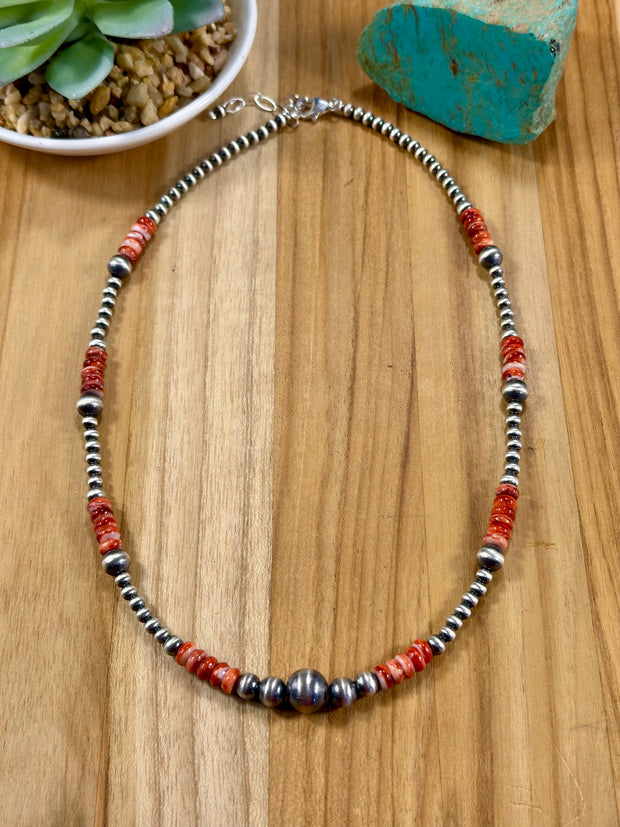 Red Spiny Oyster and Silver Pearl Bead Necklace