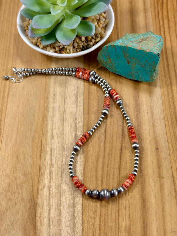 Red Spiny Oyster and Silver Pearl Bead Necklace
