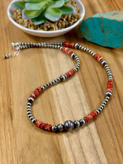 Red Spiny Oyster and Silver Pearl Bead Necklace