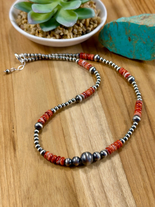 Red Spiny Oyster and Silver Pearl Bead Necklace